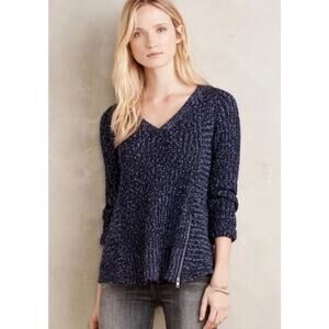 Anthropologie Moth Navy V-Neck Marled Zipper Sweater